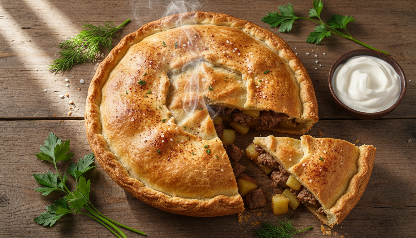 Готовый пирог с мясом и картофелем на деревянном столе