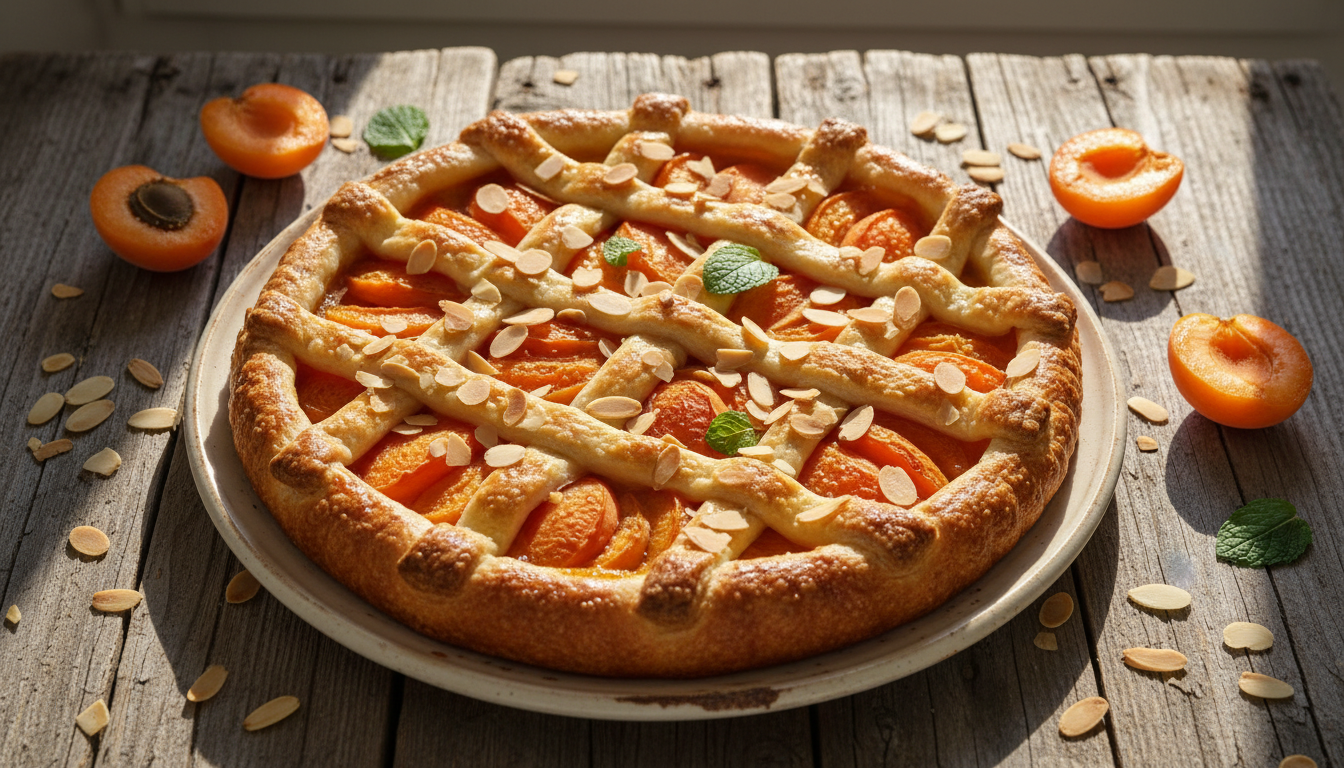 Открытый пирог с абрикосами и миндалем на деревянном столе