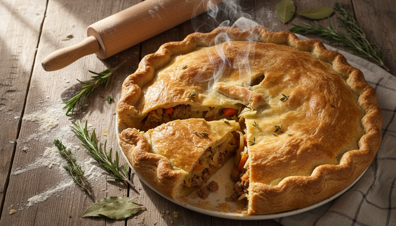 Аппетитный пирог с мясом и капустой на деревянном столе