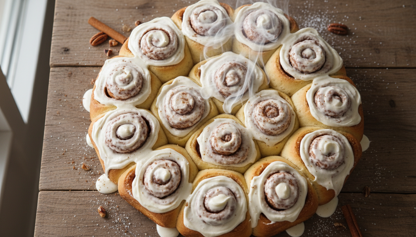 Freshly baked cinnamon rolls with cream cheese frosting on a rustic wooden table